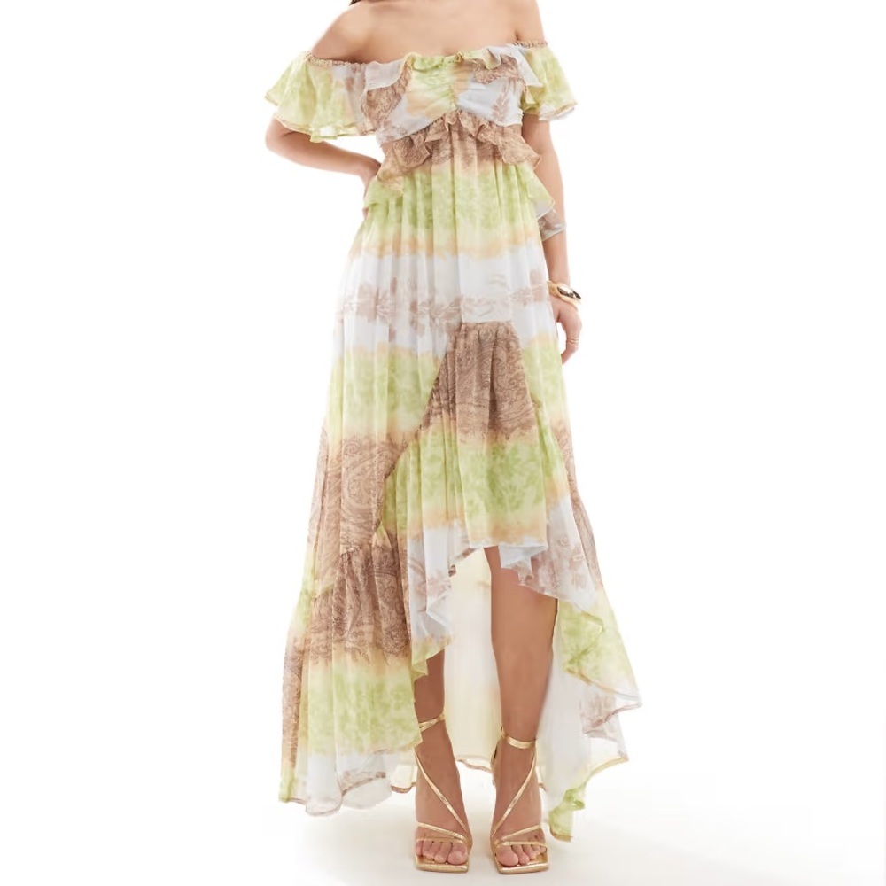 ASOS Women’s Ruffle Off Shoulder Hi-Low Maxi Dress Sz 14 Boho Festival Chic